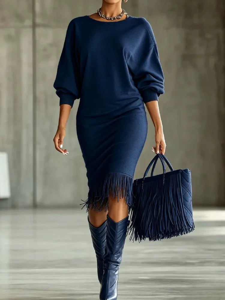 Marisette Fringe Hem Sweater Dress