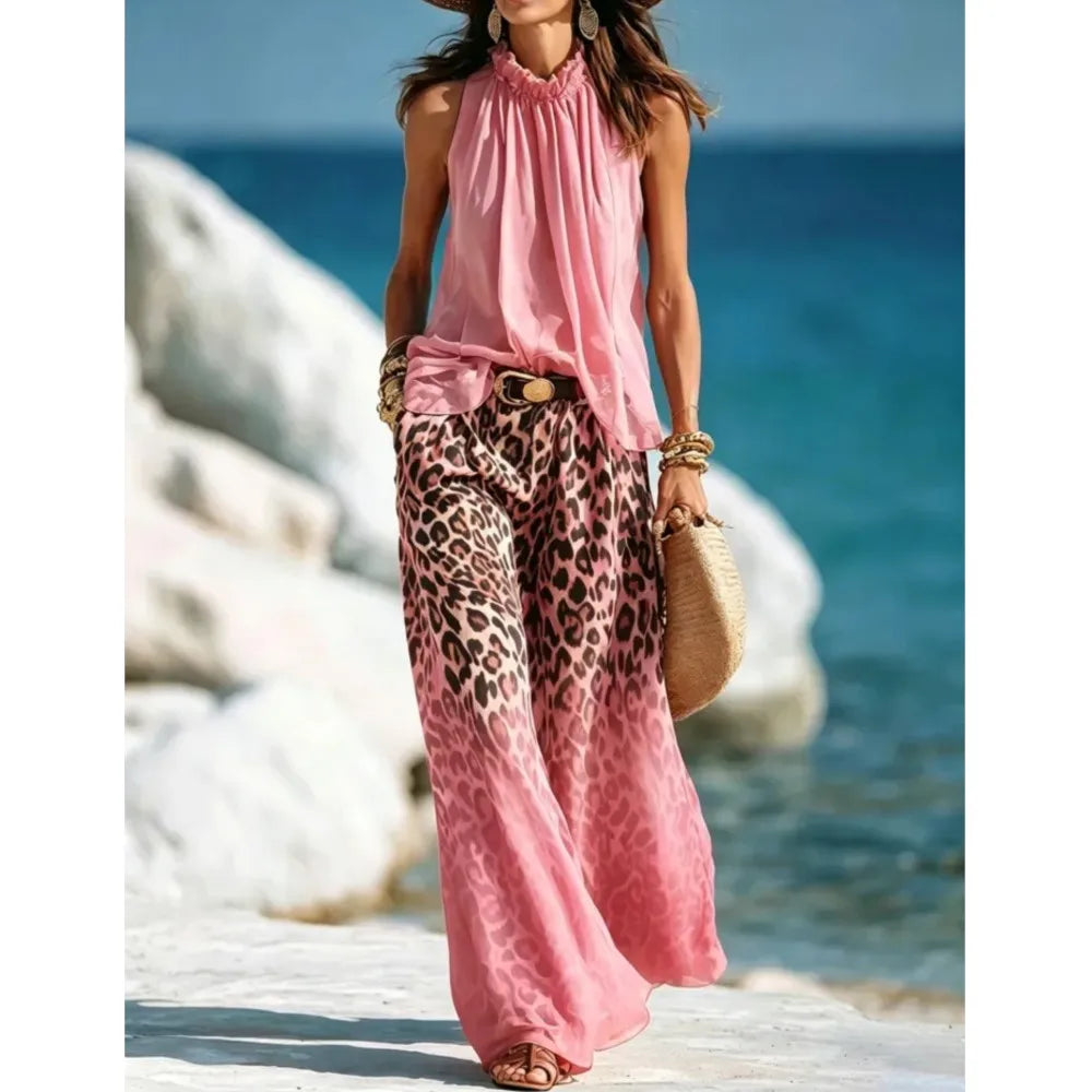 Zafrina Elegant Leopard Print Palazzo Set
