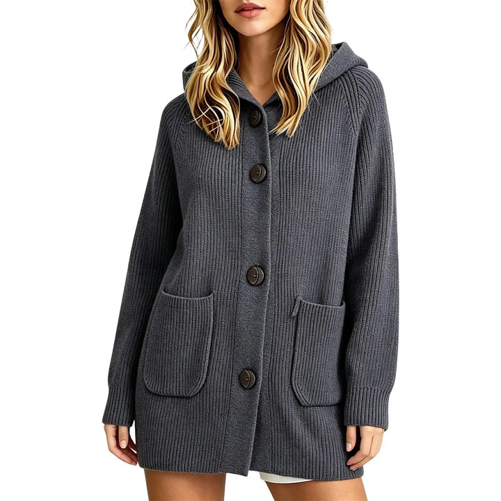 Woman wearing grey hooded knit cardigan with button front