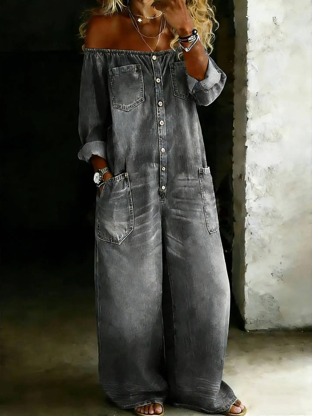 Elina Off Shoulder Denim Jumpsuit