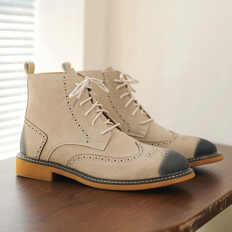 Beige faux suede wingtip brogue ankle boots with contrast toe cap