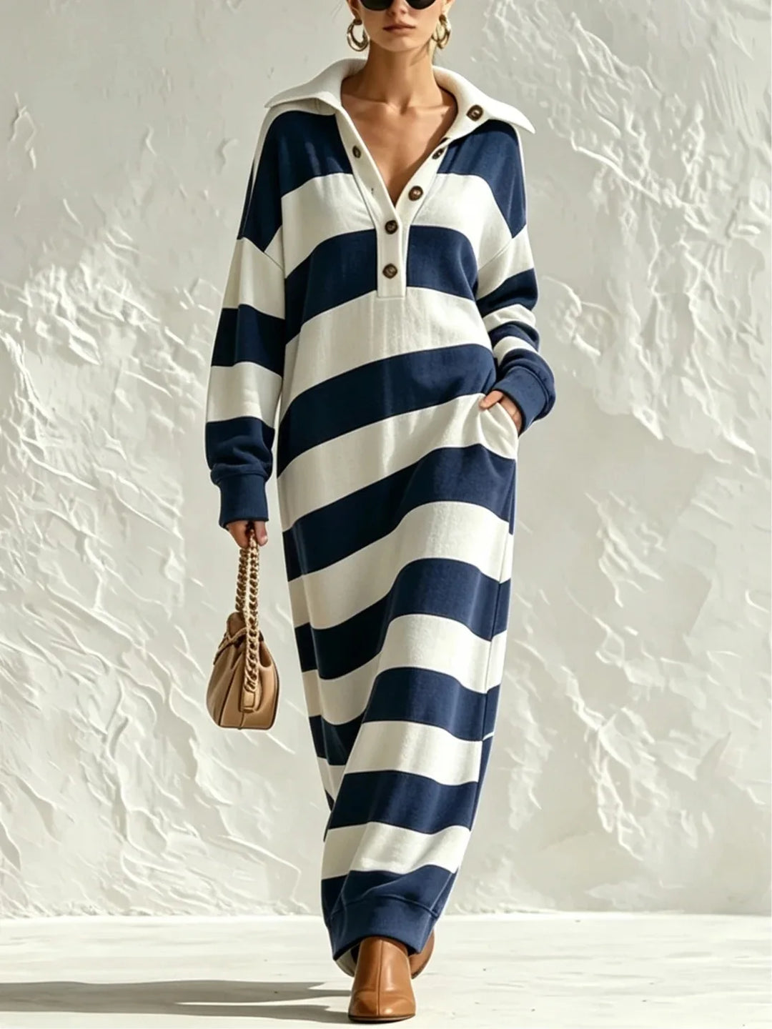 Woman wearing navy and white striped maxi sweatshirt dress with polo collar