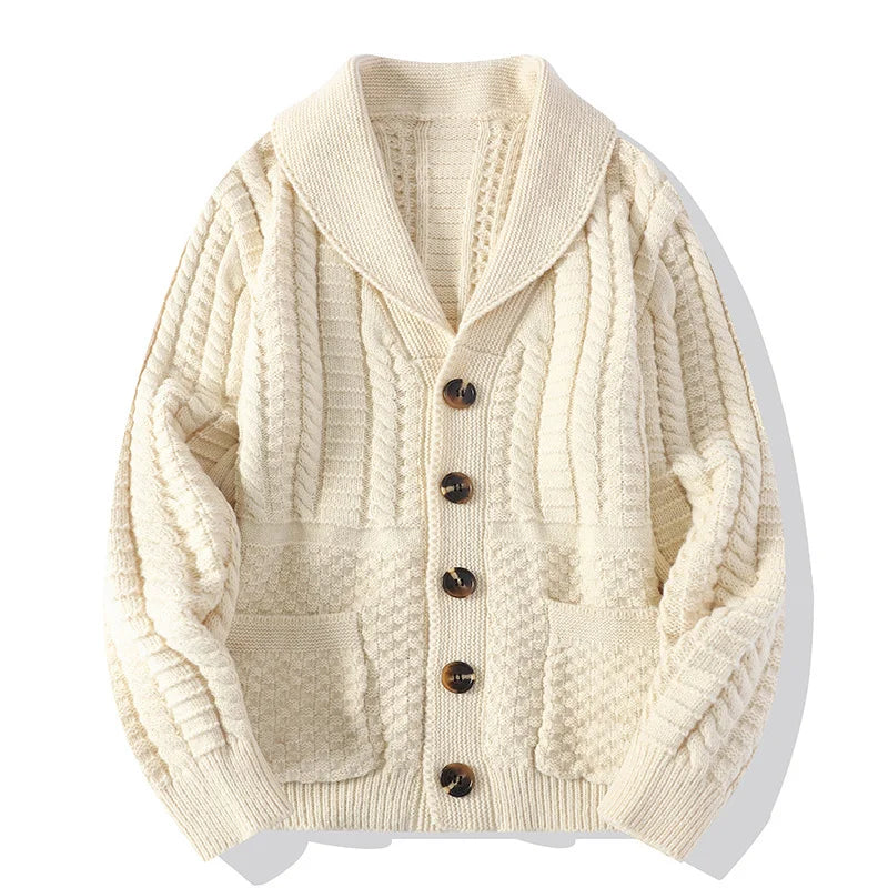 Beige cable knit shawl collar cardigan with patch pockets