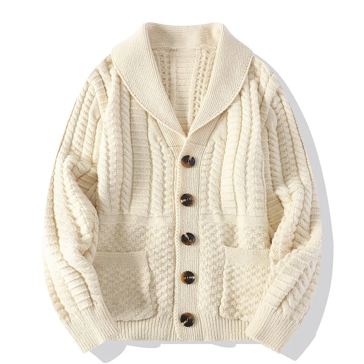 Beige cable knit shawl collar cardigan with patch pockets