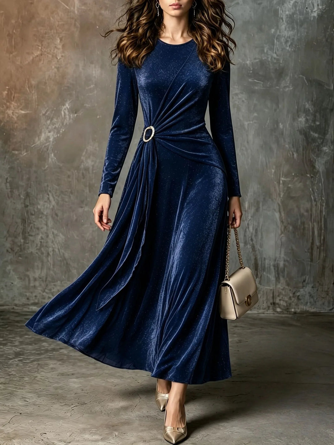 Deep blue velvet maxi dress with ring buckle waist detail