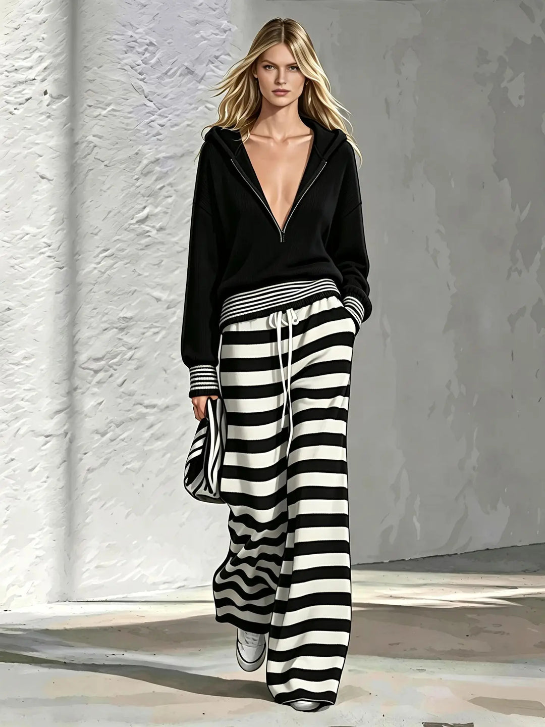 Black half-zip hoodie with black and white striped wide leg pants, front view