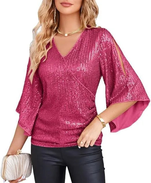 Coral red sequin wrap blouse close up with gold jewelry
