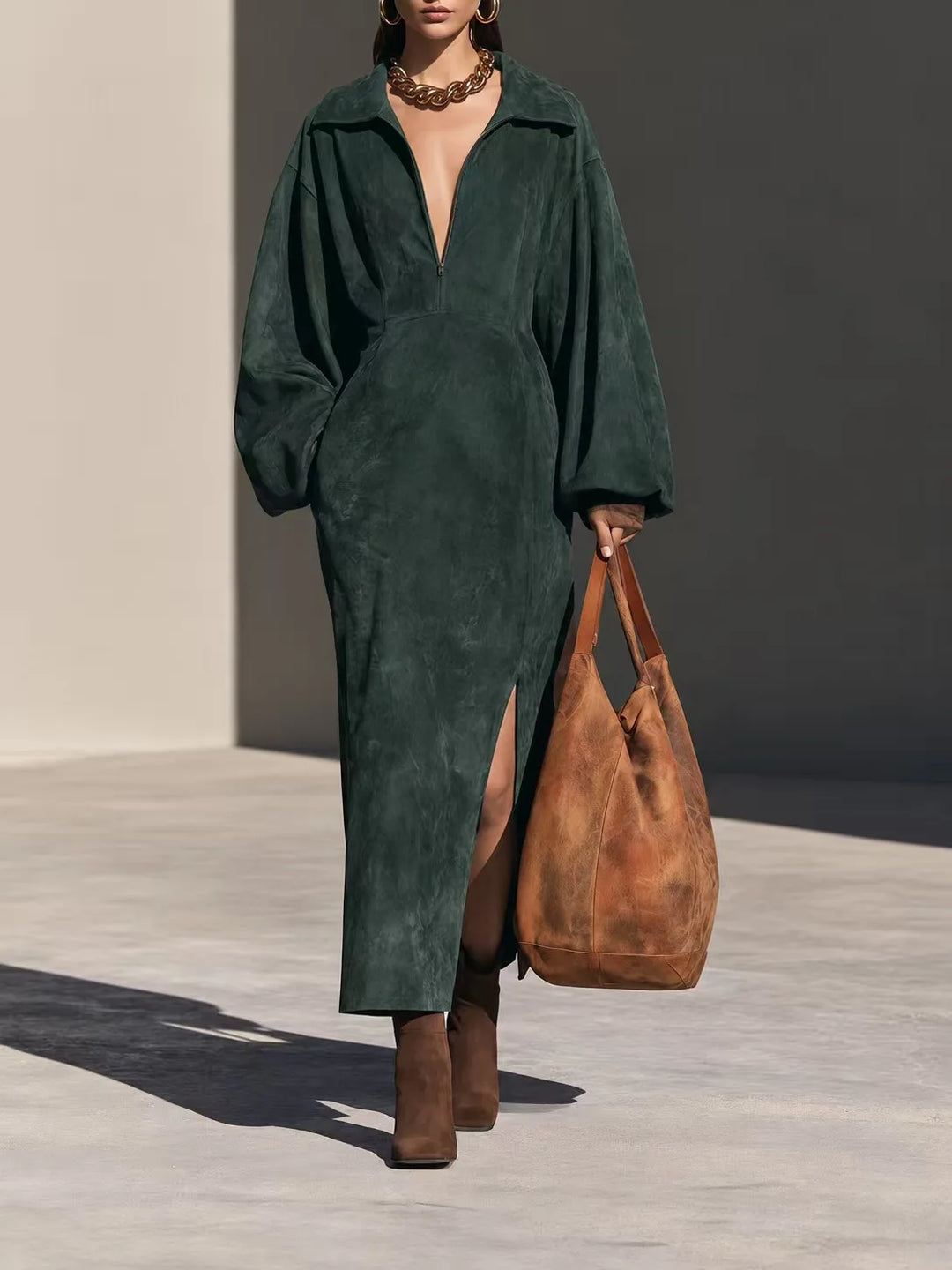 Green suede-look sheath dress with half-zip front, close view