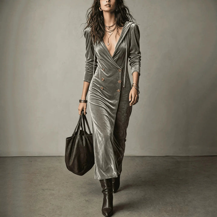 Woman wearing gray hooded velvet wrap midi dress