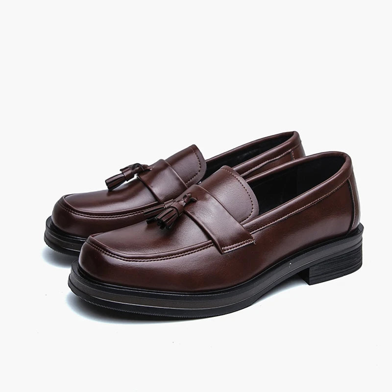 Pair of brown tassel loafers on white background