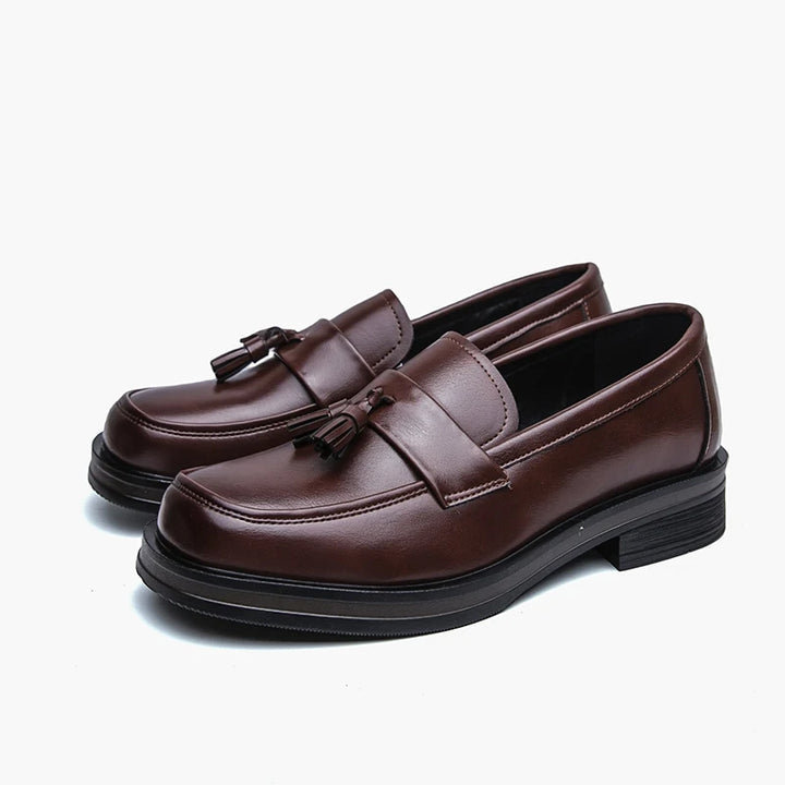 Pair of brown tassel loafers on white background