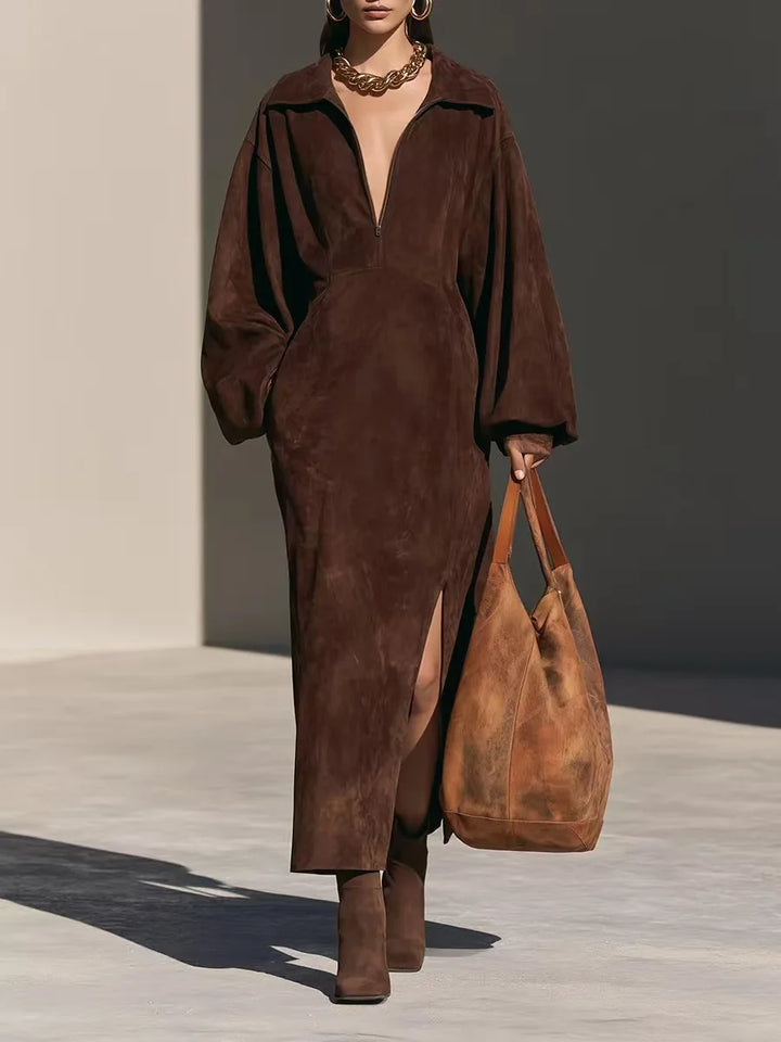 Brown suede-look sheath dress with point collar, close front view