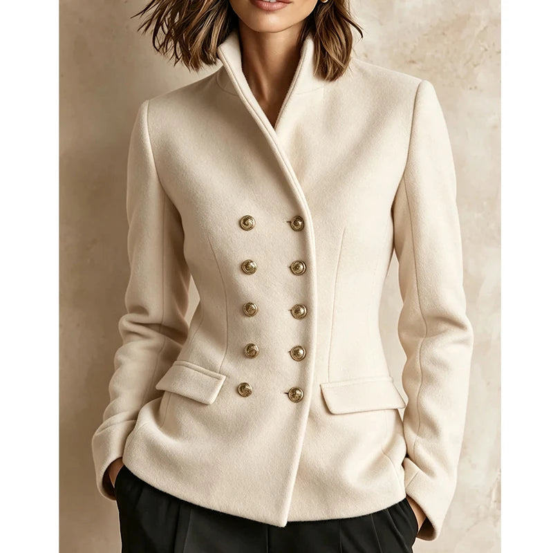 Woman wearing cream white double-breasted wool-blend jacket, front view