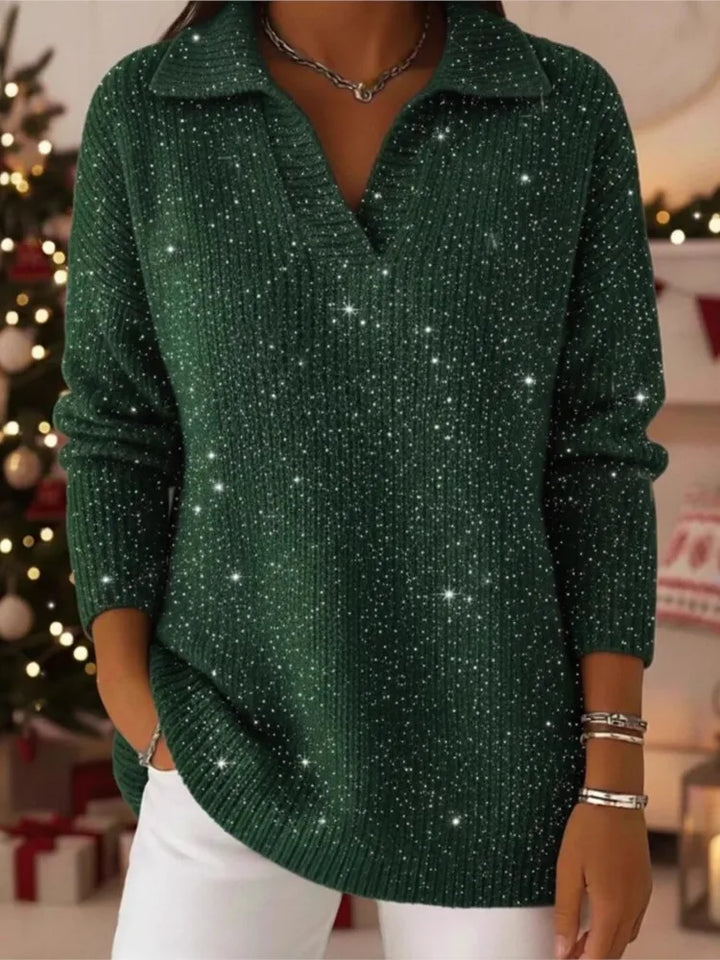 Woman wearing dark green sequined ribbed knit pullover sweater with collar