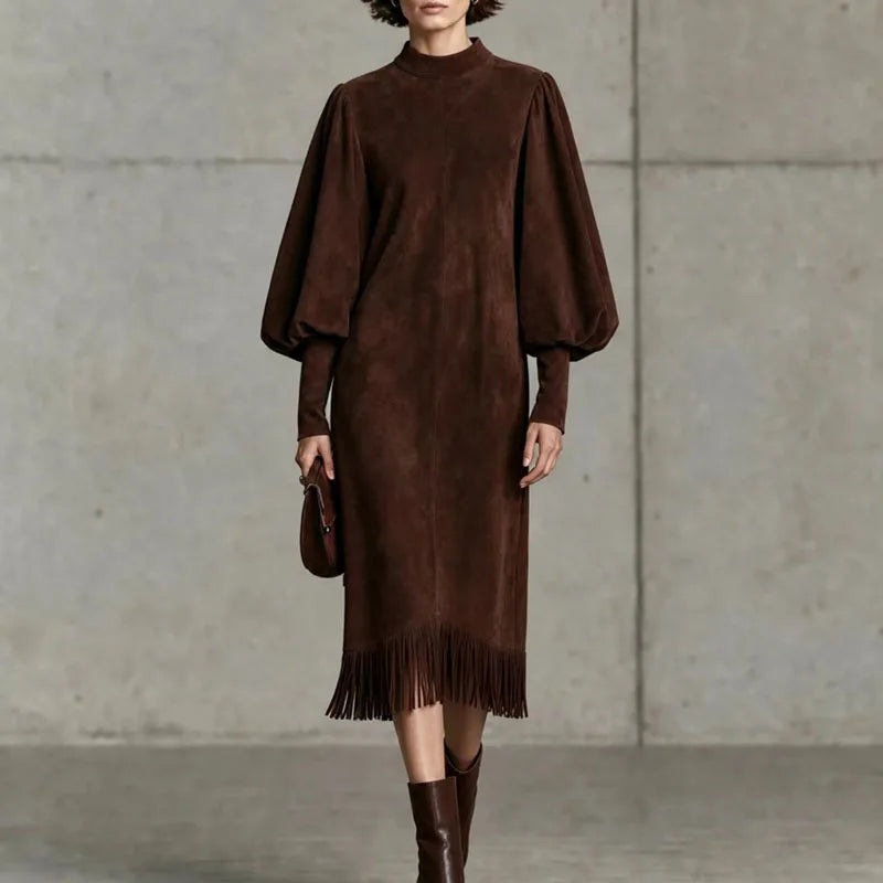 Marisette Lantern Sleeve Fringe Dress
