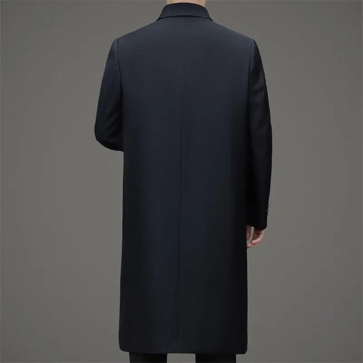 Back view of navy blue long trench coat with turn-down collar