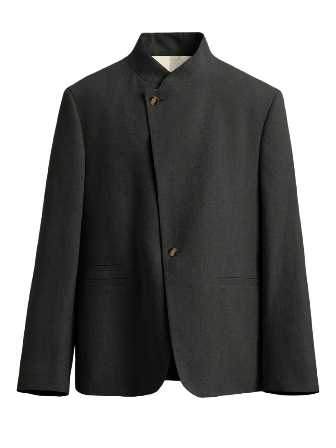 Dark grey mandarin collar blazer with asymmetric button front