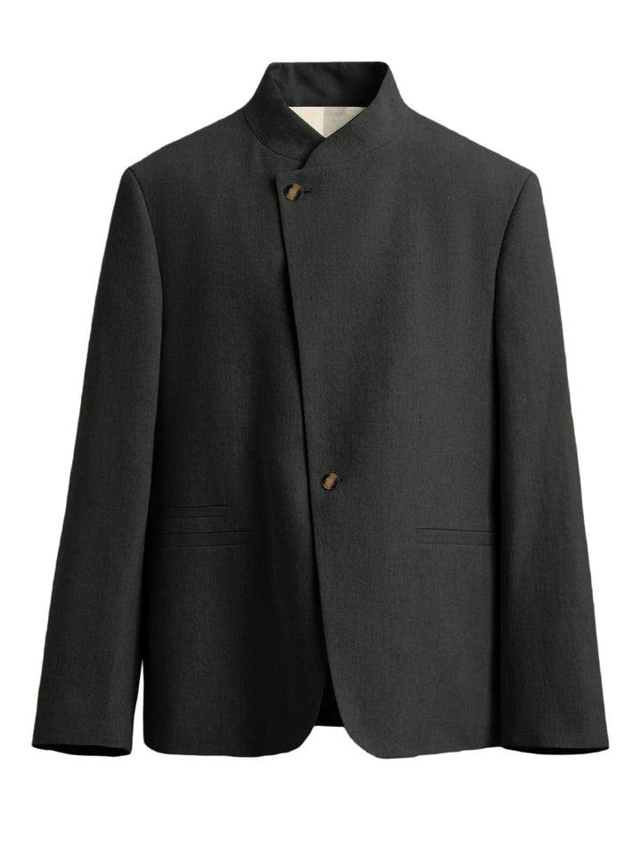 Dark grey mandarin collar blazer with asymmetric button front