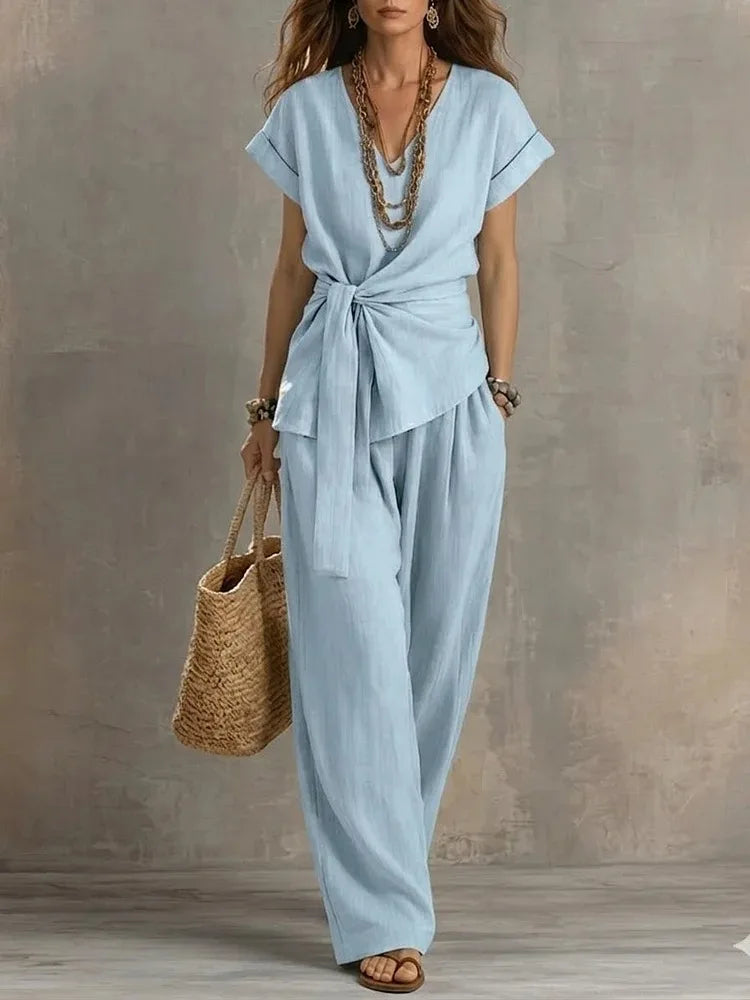 Chiara Relaxed Tie Waist V Neck Lounge Set