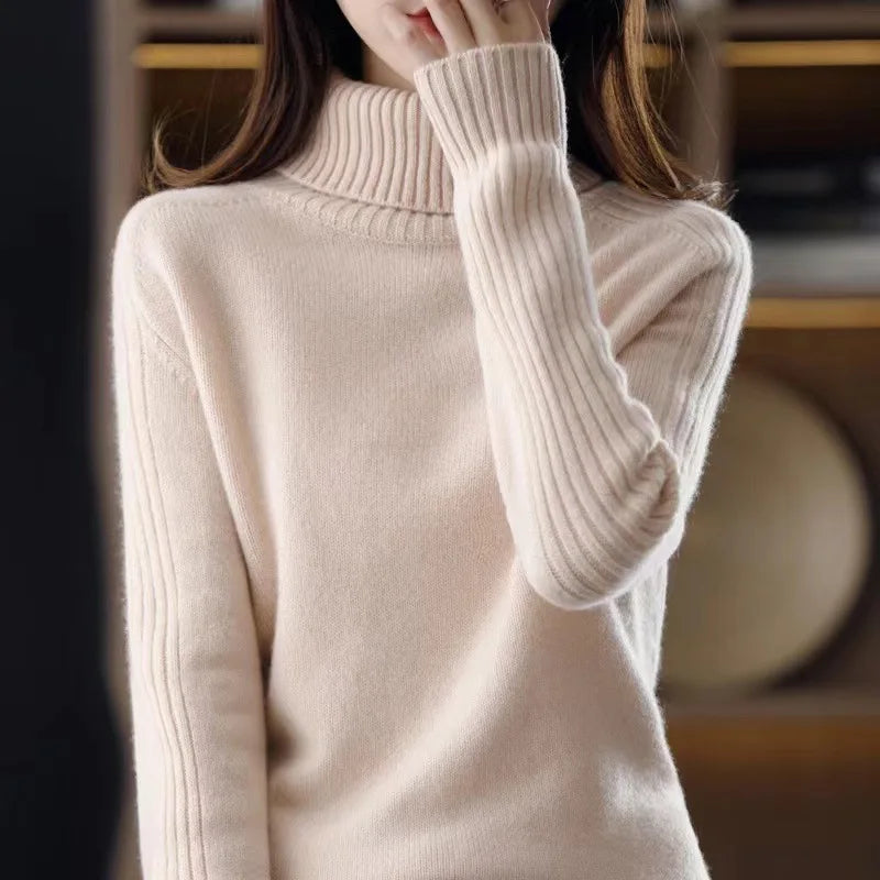 Camel ribbed turtleneck knit sweater, front view