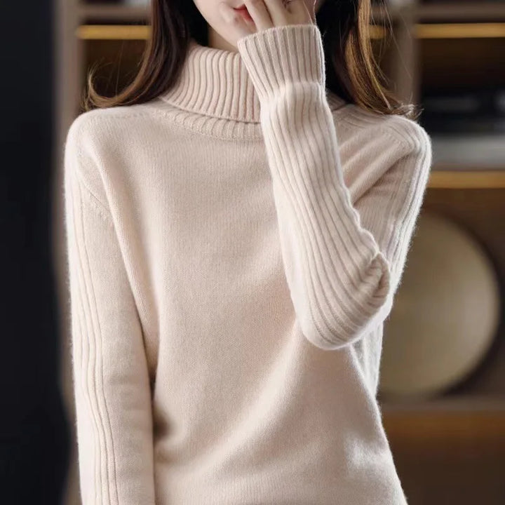 Camel ribbed turtleneck knit sweater, front view