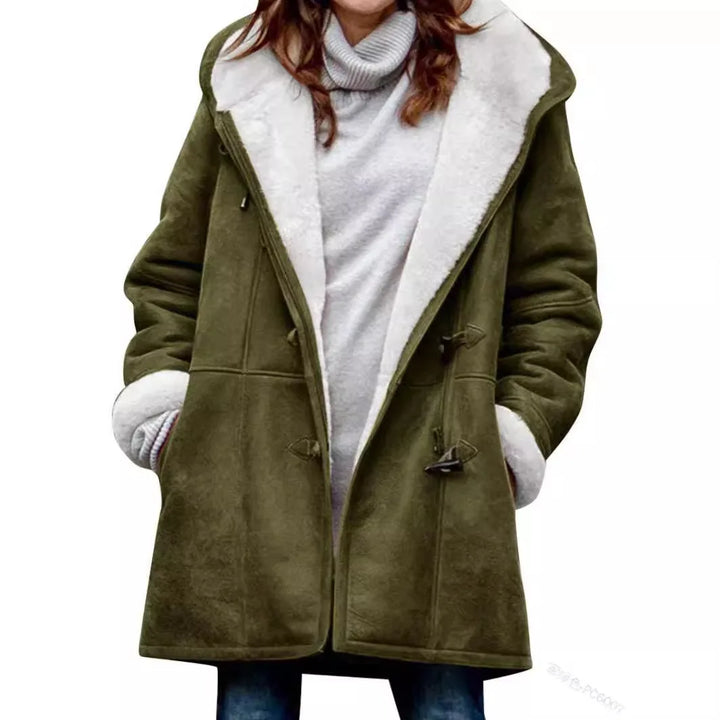 Olive green duffle coat with shearling hood