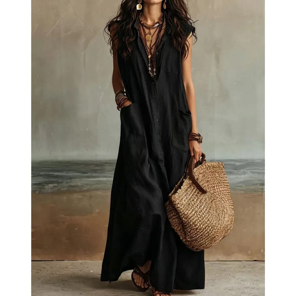 Diana Bohemian V Neck Casual Linen Maxi Dress