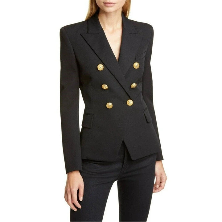 Black double-breasted blazer with gold buttons, front view