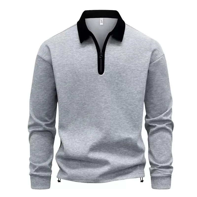 Gray quarter zip polo sweatshirt with black contrast collar, front view