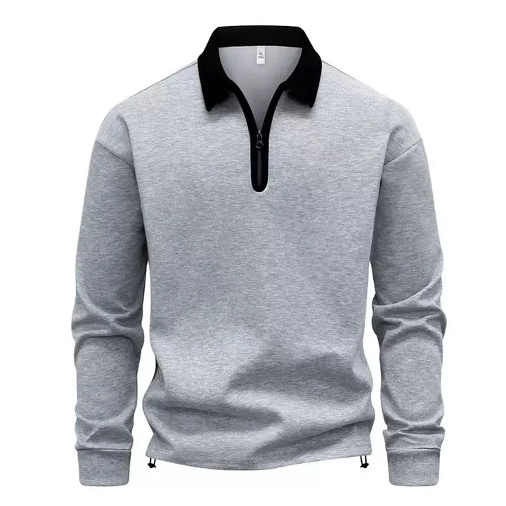 Gray quarter zip polo sweatshirt with black contrast collar, front view