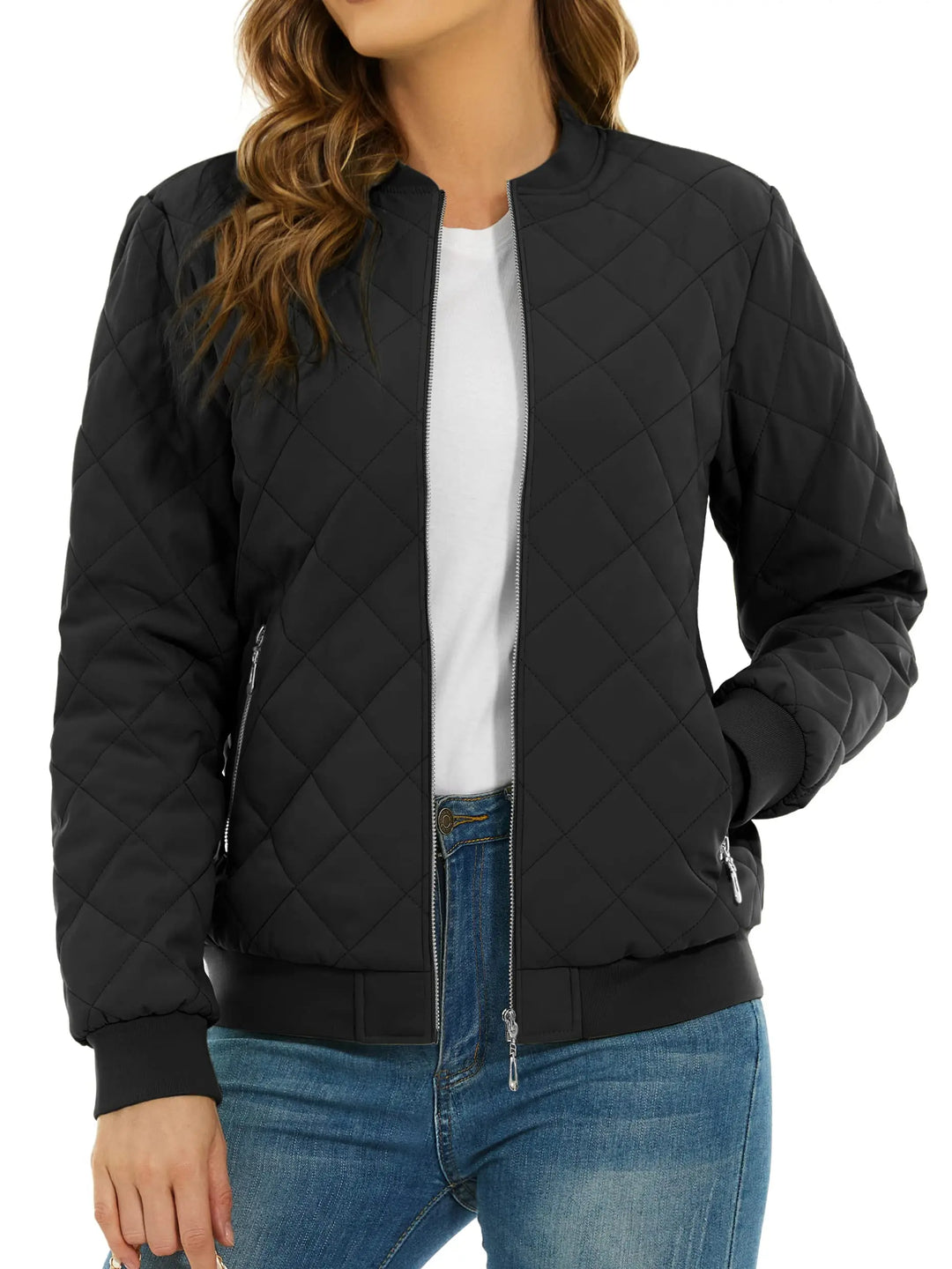 Close up of black quilted bomber jacket with zip pocket