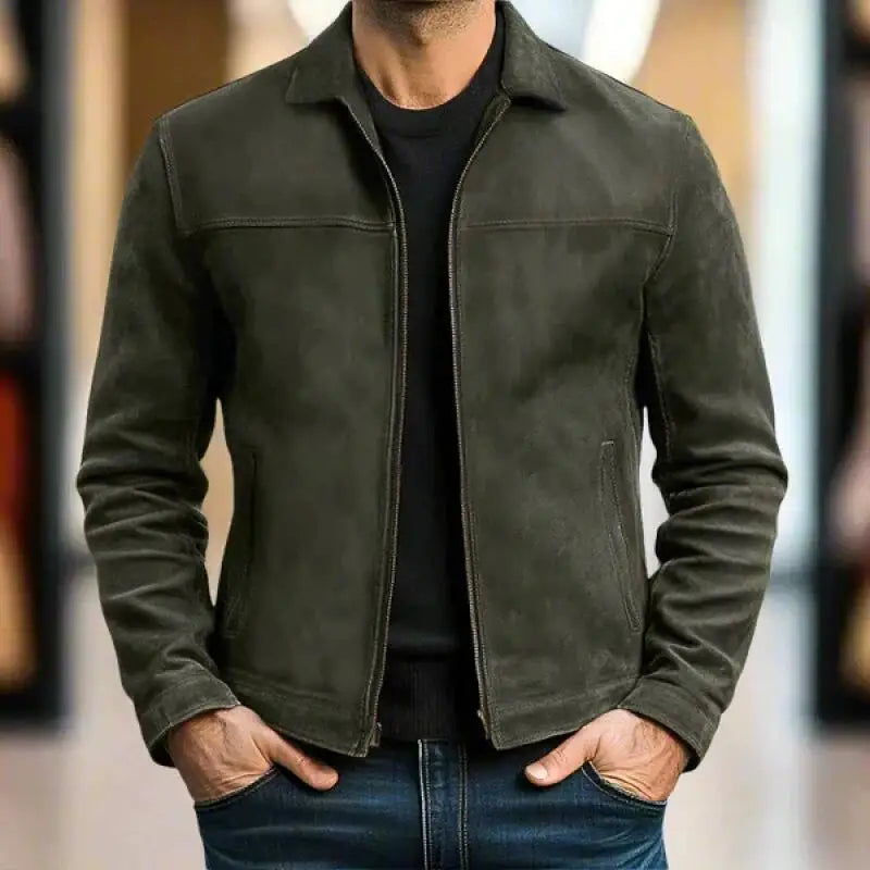 Man wearing army green faux leather moto jacket with turn-down collar and zip front