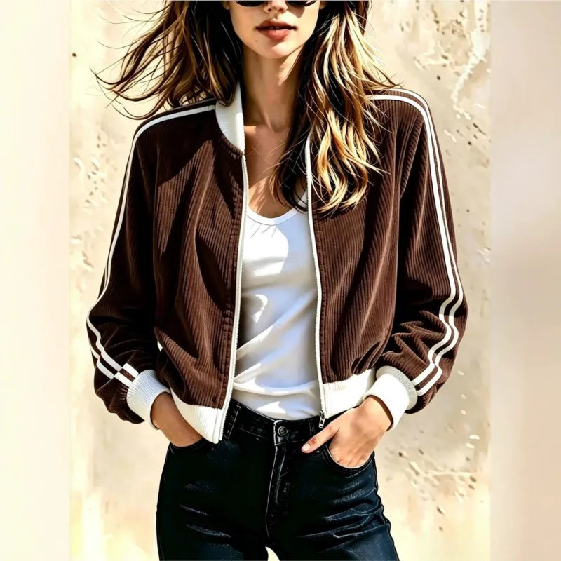 Woman wearing brown corduroy bomber jacket with white stripe trim