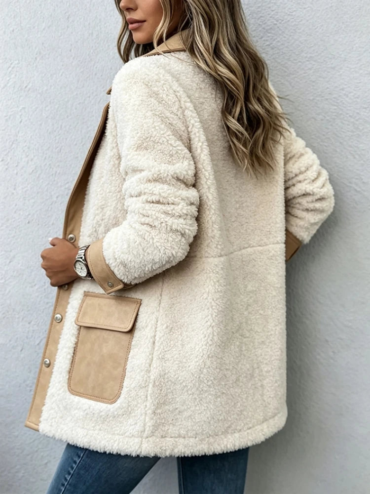 Side back view of khaki sherpa fleece jacket with patch pocket