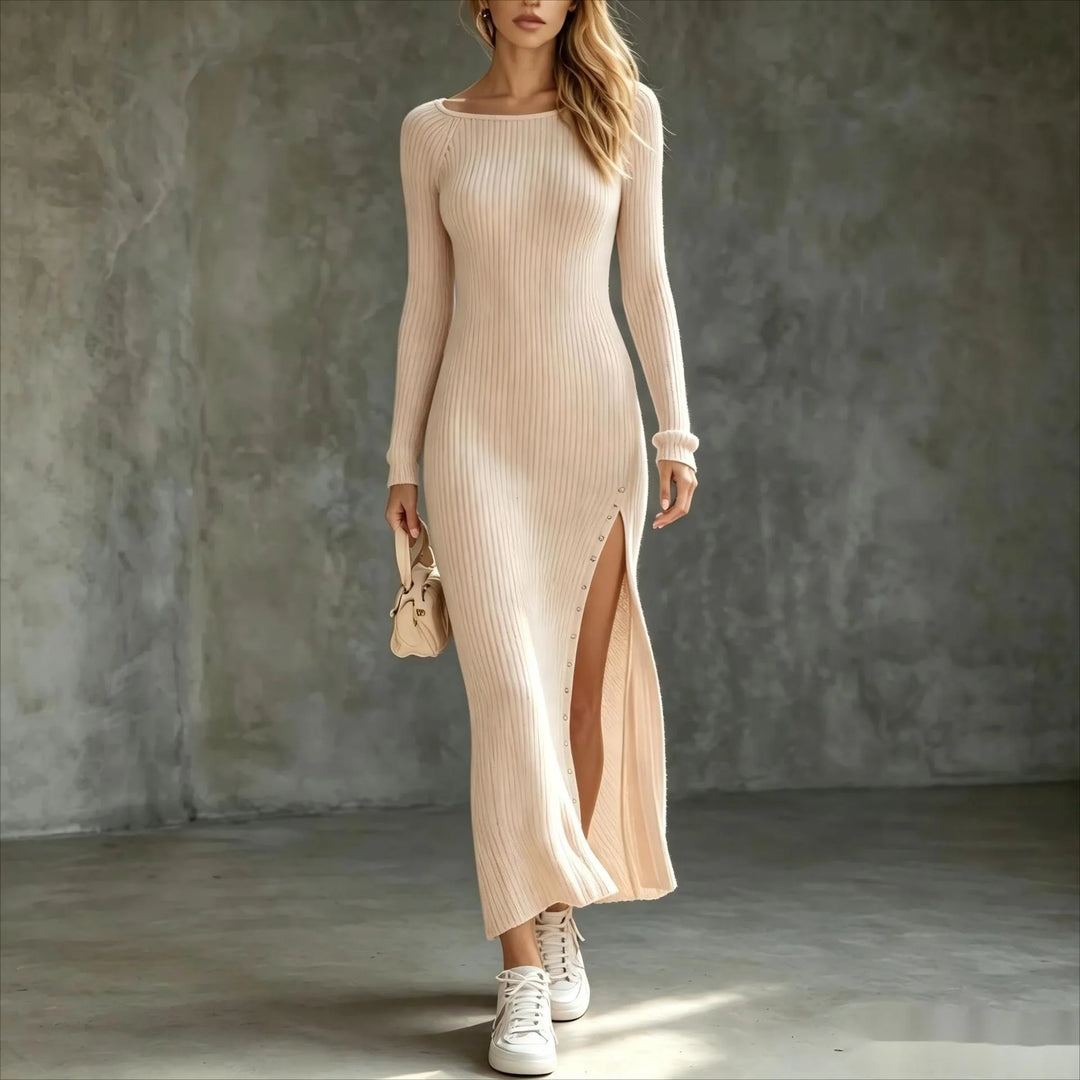 Apricot ribbed knit maxi dress with side slit, front view