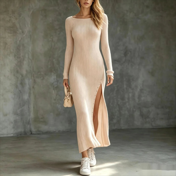 Apricot ribbed knit maxi dress with side slit, front view