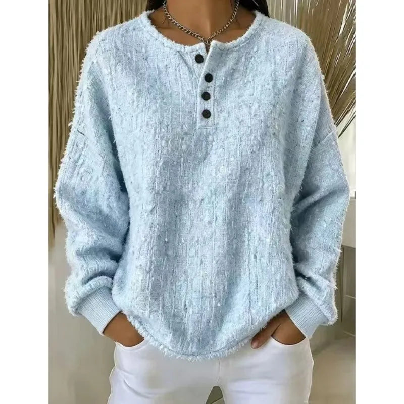 Light blue textured button henley sweater front view
