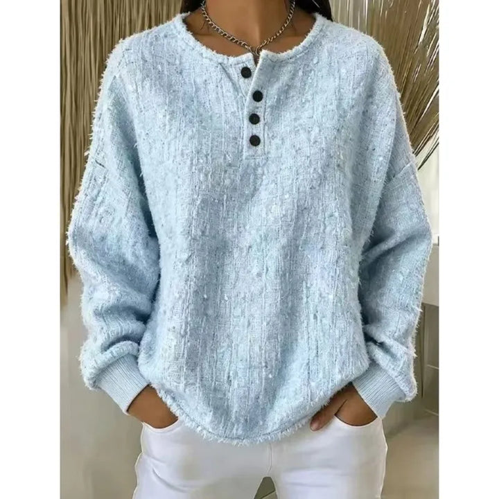 Light blue textured button henley sweater front view