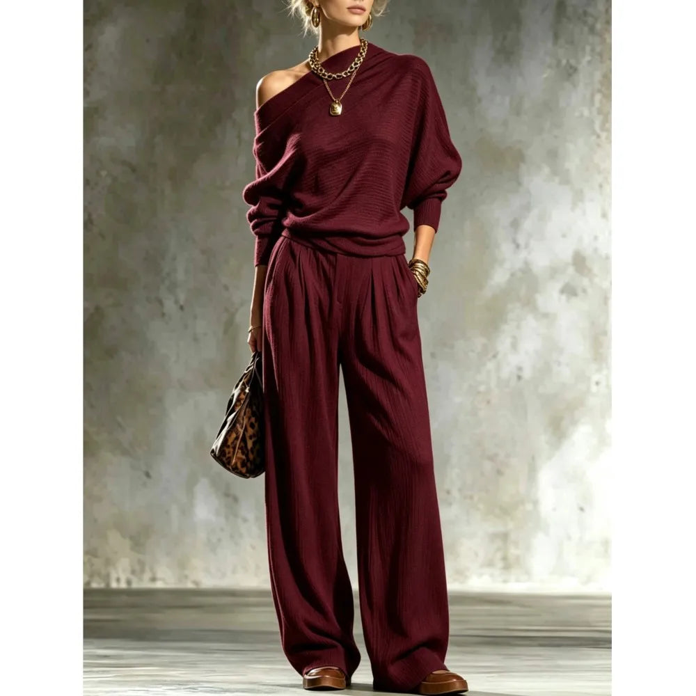 Burgundy off shoulder batwing sleeve knit top and wide leg pants set, front view