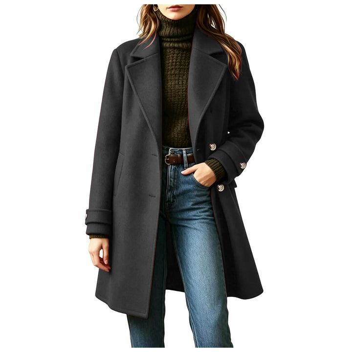 Woman wearing black mid-length double-breasted wool coat with notched lapel