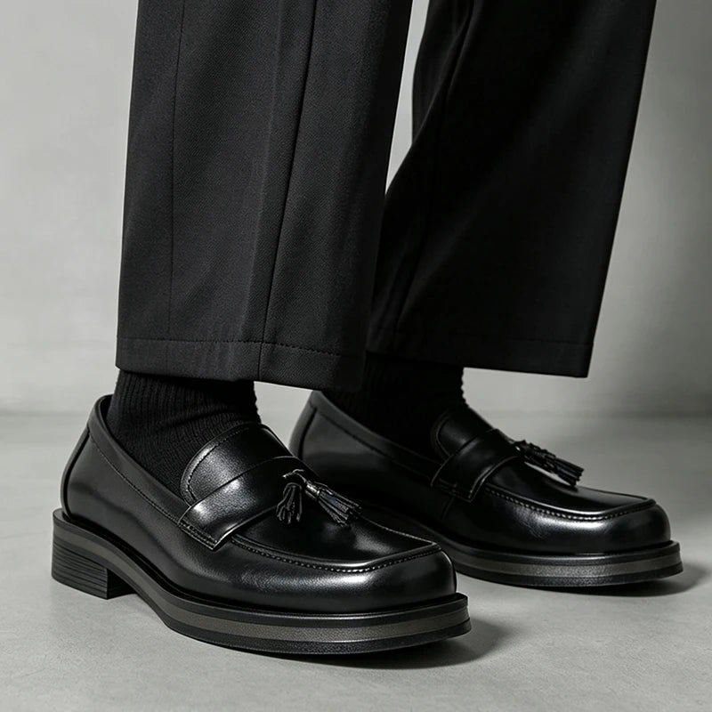 Man standing in black tassel loafers with black socks