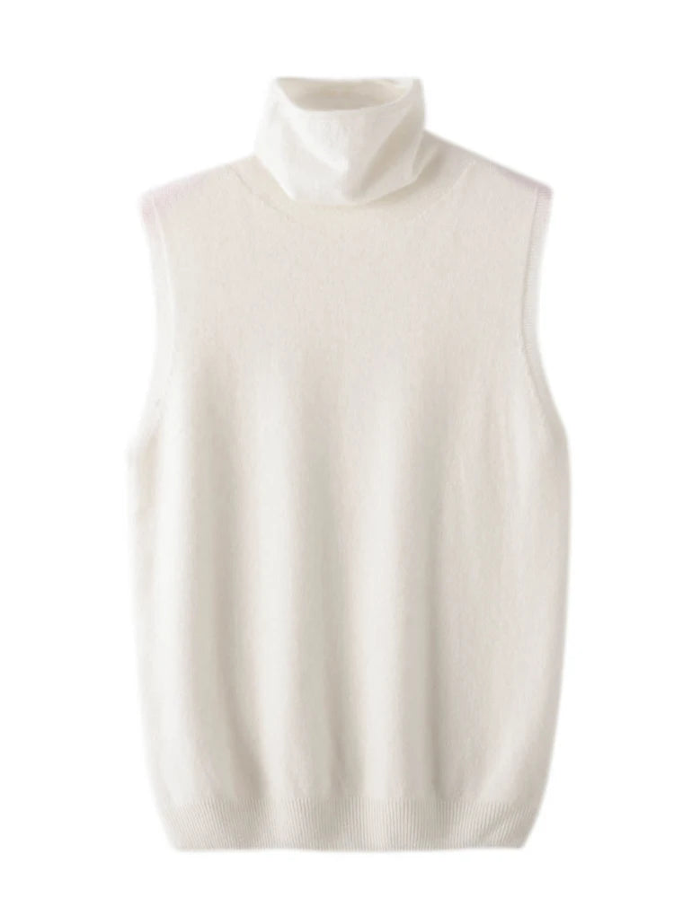 White sleeveless turtleneck sweater vest, front view