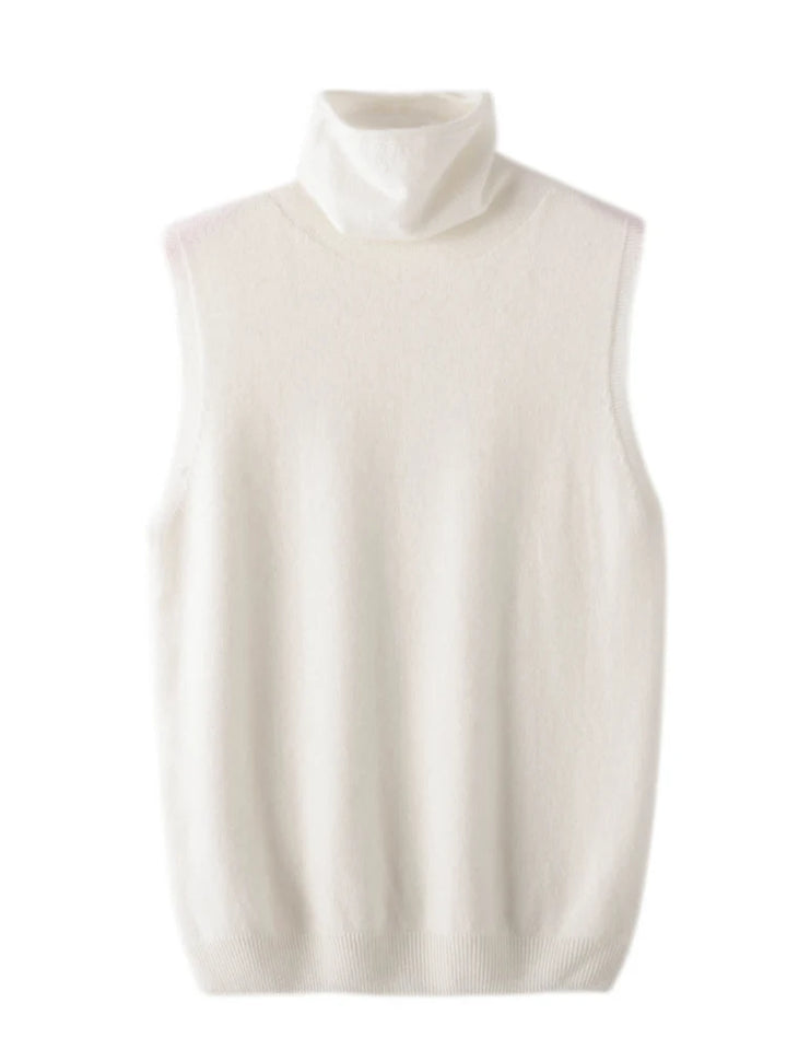 White sleeveless turtleneck sweater vest, front view