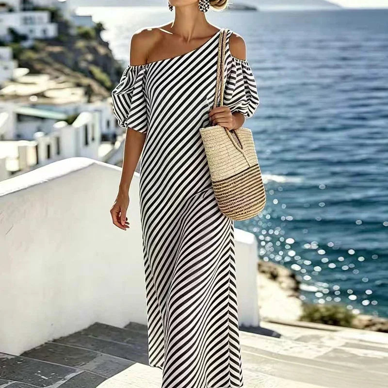 Amara Bohemian Striped One Shoulder Maxi Dress