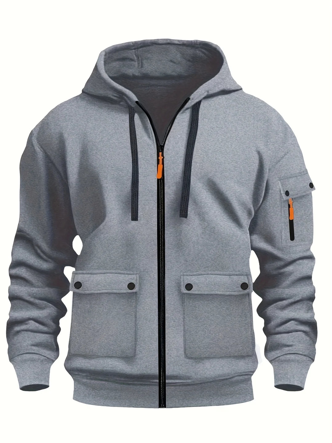 Heather grey zip-up cargo hoodie with sleeve pocket