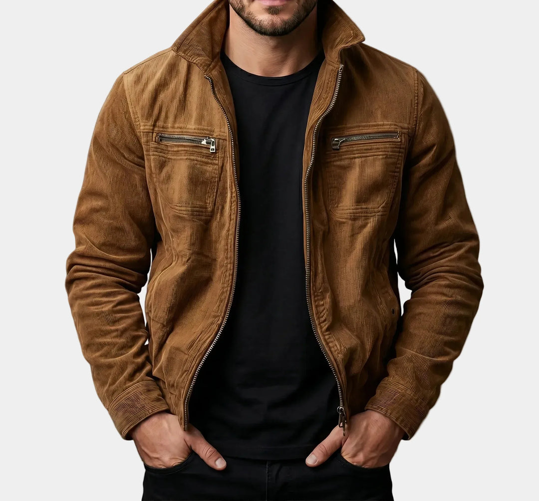 Man wearing brown corduroy moto jacket, close up front view