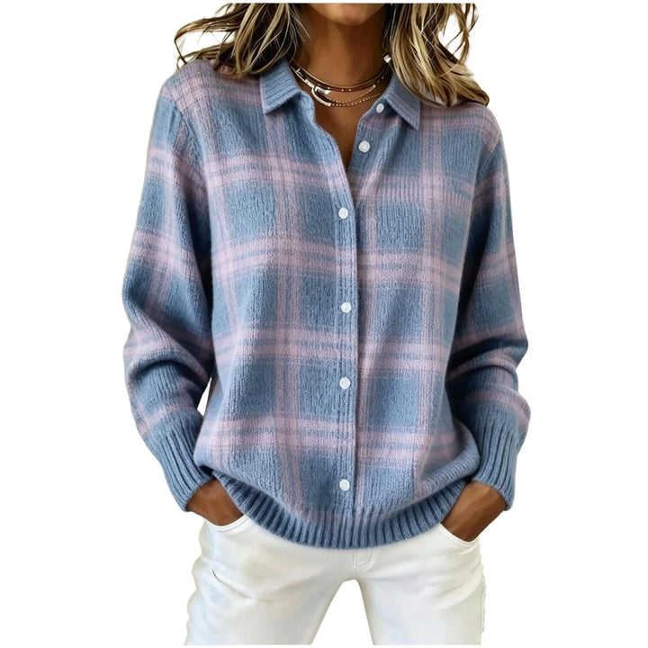 Woman wearing blue and pink plaid knit button front cardigan