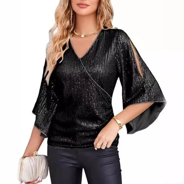 Black sequin wrap blouse with split bell sleeves, front view