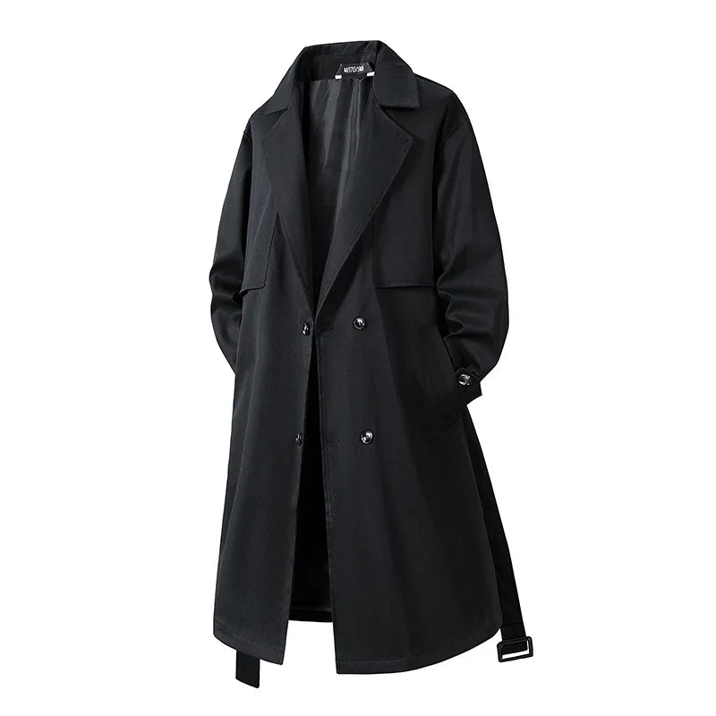 Black double-breasted trench coat front view