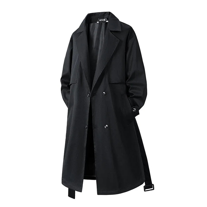 Black double-breasted trench coat front view
